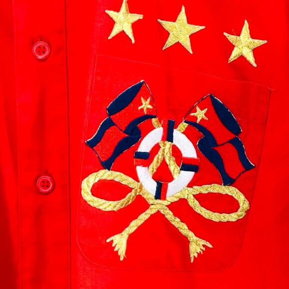 80s Marquis Red Nautical Long Sleeve Button Down Gold Sailing Patch Size S - Picture 3 of 6